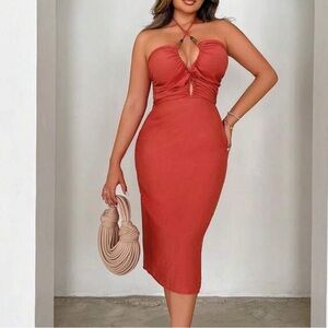 NWOT RUST TERRACOTA BROWN Elegant Midi Dress